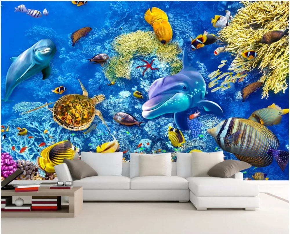 

3d wall murals wallpaper for walls 3 d wallpaper sea world dolphin tortoise coral room decor Custom mural photo painting