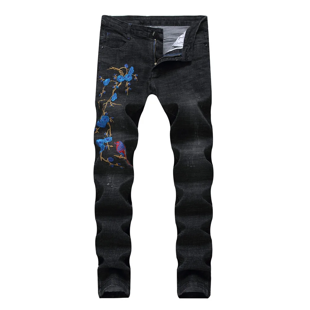 New Brand Plum Blossom Embroidered Jeans Men Slim Fit Pants Hight