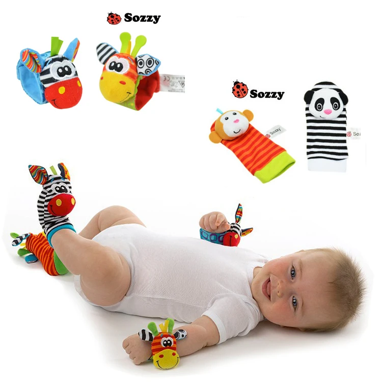 

4 free shipping newborn baby socks 0~24 months baby socks animal foot socks hand bell toy development soft hair toys Dropshippin