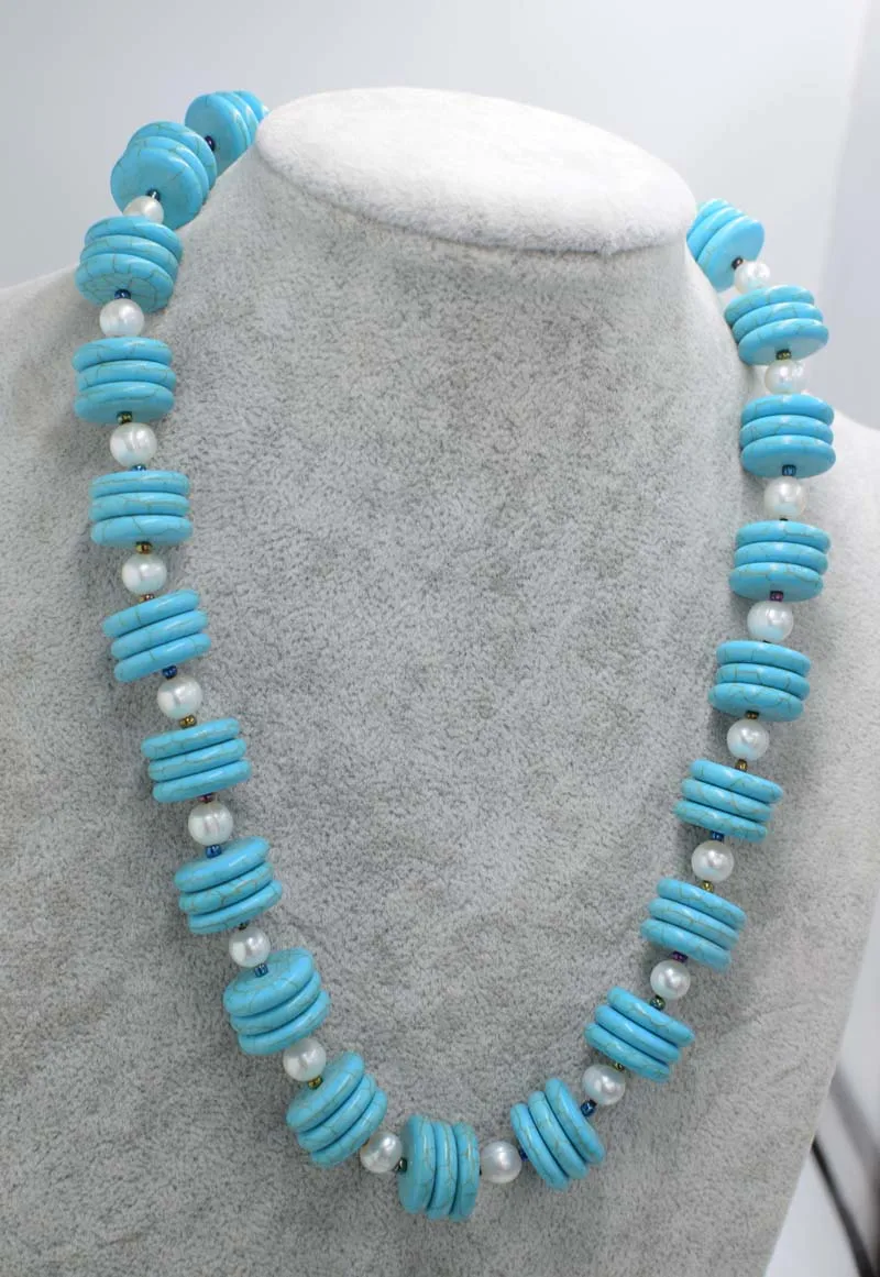

freshwater pearl white round 7-8mm necklace +green howlite turquoise stone roundel 16mm wholesale beads nature 19inch FPPJ