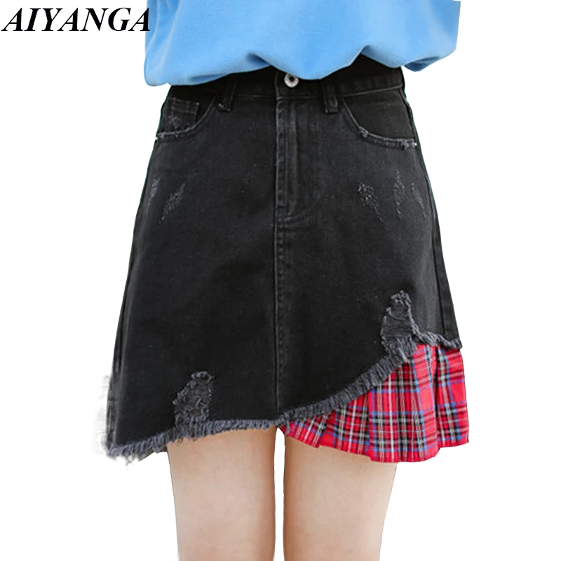 Womens Skirts New Arrival 2019 Women Denim Skirts Patchwork Plaid Skirt Female Casual Fashion Preppy Style Spring Summer Skirt