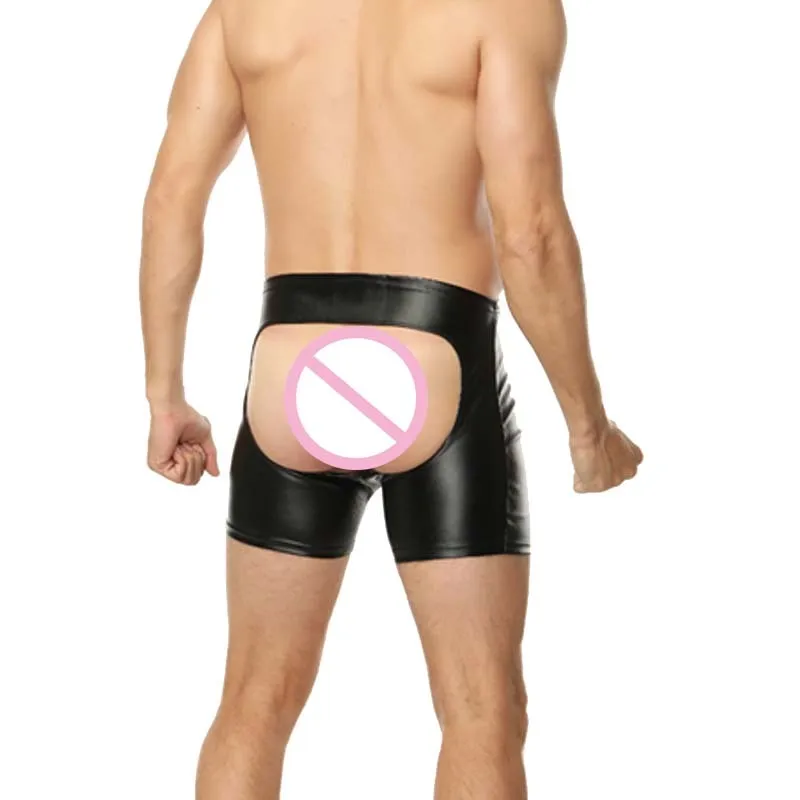 

European And American Sexy Mens Fun Shorts Black Faux Patent Leather Open Crotch Shorts Skinny Performance Men Short