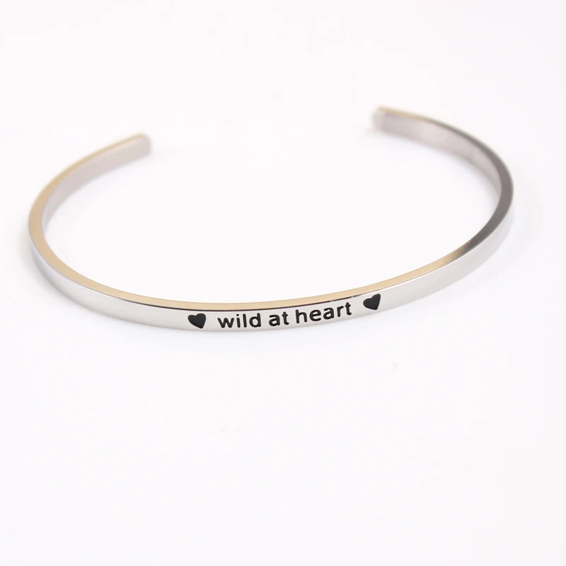 

Wild at heart Stainless Steel Engraved Positive Inspirational Quote fashion Cuff Mantra Bracelets Bangles,Drop shipping
