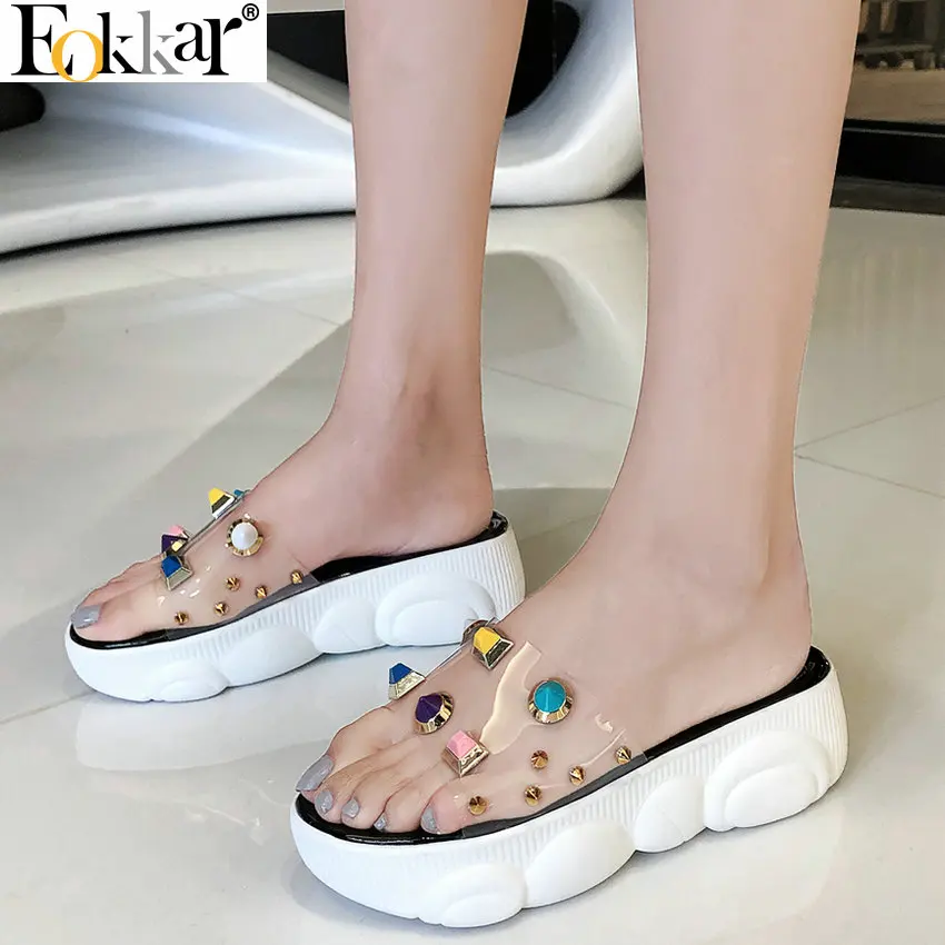 

Eokkar 2019 Flip Flop Sandals Women Shoes Platform Summer Transparen Pu Leather Wedges Heel Open Toe Ladies Pumps Big Size 34-45