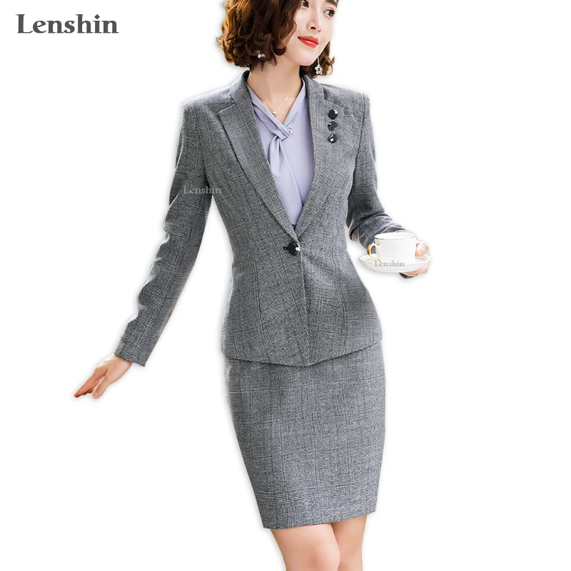 Lenshin 2 Pieces Set for Women Wear Gray Skirt Suits Single Button