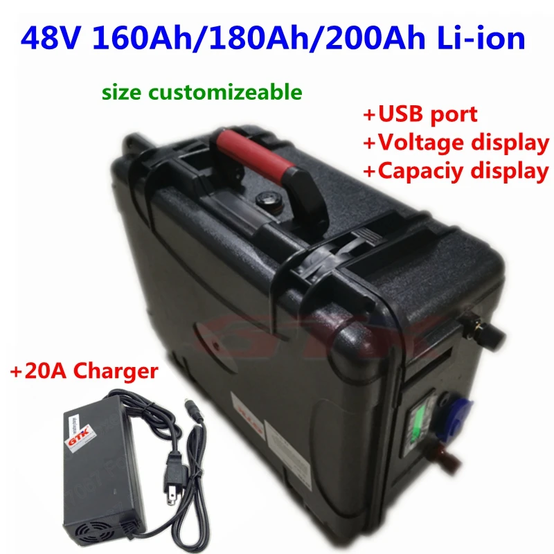 

Waterproof 48V 160Ah 180Ah 200Ah Lithium li ion battery pack with BMS for trolling motor solar energy RV motorhome+20A charger