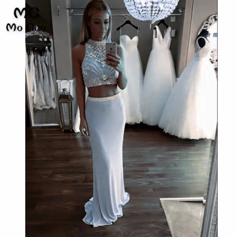 Halter Beading Two Pieces Prom Dress Fitted Girls Formal Gown Pageant Dress 20183