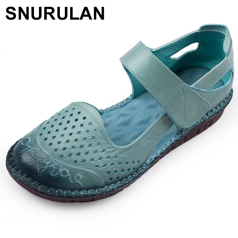 

SNURULAN Embroider Genuine Leather Breathable Flat Sandals Handmade Shoes Hook Loop Middle-aged Leisure Women's shoesE547