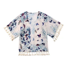 От 2 до 6 лет для маленьких девочек, с цветами и бахромой Куртка-кардиган Boho рубашка блузка Пляжная накидка Топы