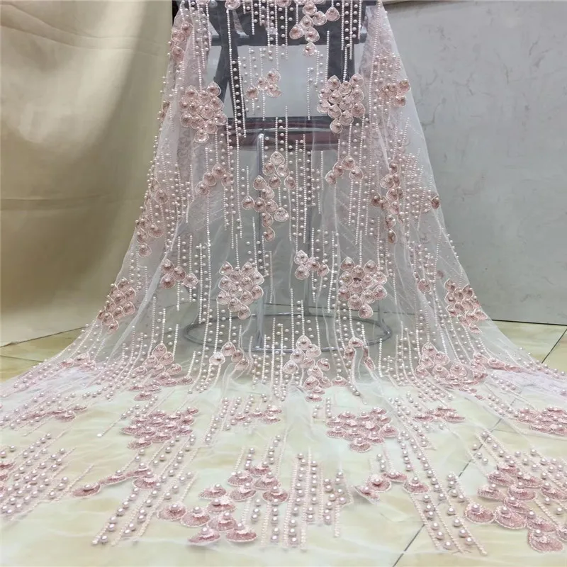 

Fashion African Lace Fabric High Quality Pink Lace nigerian lace fabric 2018 high quality lace With Beaded 5yards H1496