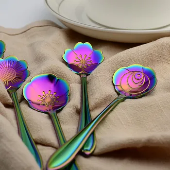 

Color Stainless Steel Ice Cream Spoon Flower Dessert Spoon Shovel Set Candy Latte Spoon Coffee Accessories Mug Drinking Tools