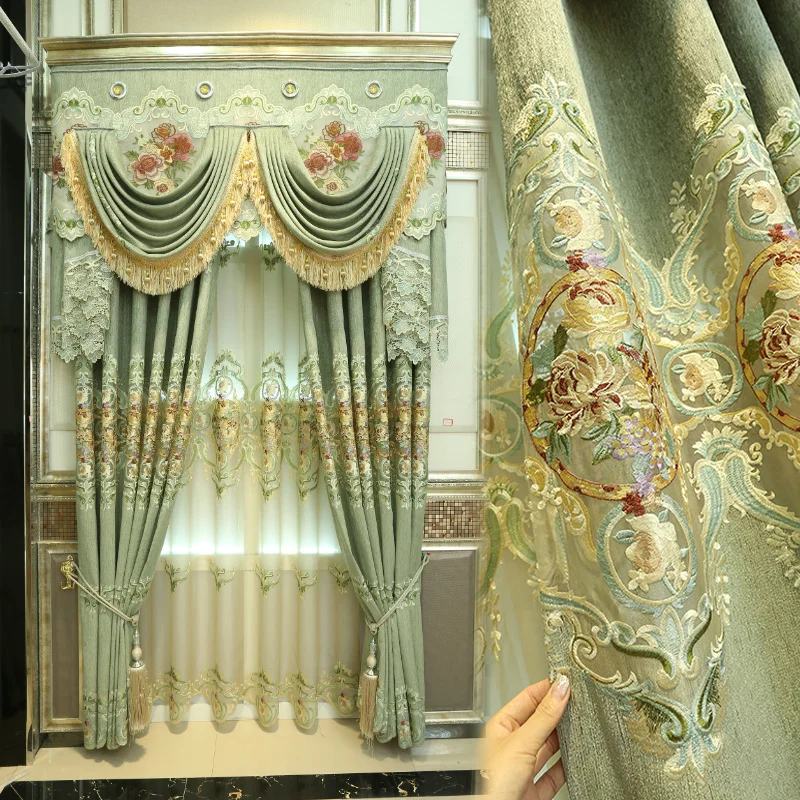 

Custom curtains Luxury European style curtain high-grade living room curtain Green hollow embroidery cloth curtain valance E884