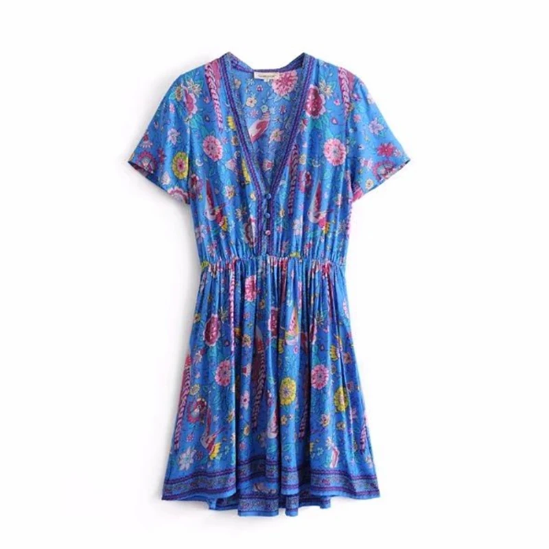 blue Birds Floral Print Short Sleeve Mini Dress 