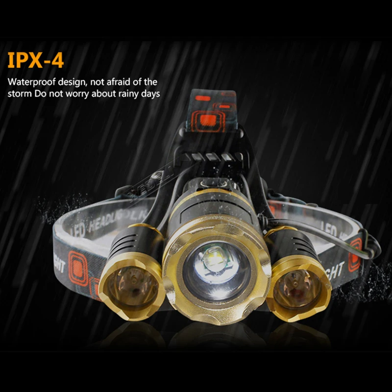 Налобный фонарь led zoom двойной источник света желтый белый свет 3T6 фара 18650 зарядка