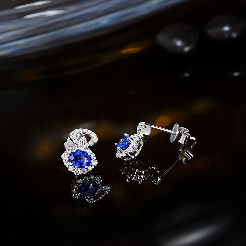 Caimao 0.95ct Blue Sapphire with 0.40ct H SI Diamond 14K White Gold Earrings Studs for Women