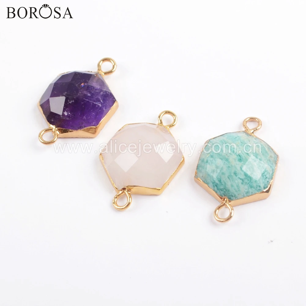 

BOROSA 10PCS Hexagon Gold electroplated Amazonite Pink Quartz Faceted Connector Amethysts Double Loops Jewelry Bracelet G1704
