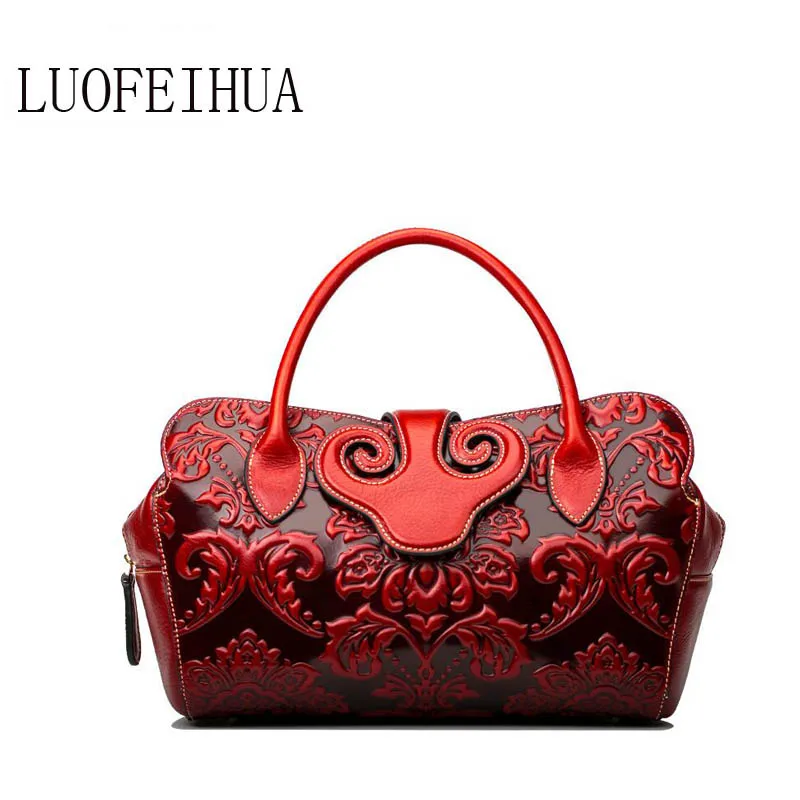 

Leather women's bag 2019 new luxury original ethnic style embossed shoulder Messenger bag brand bag designer bag
