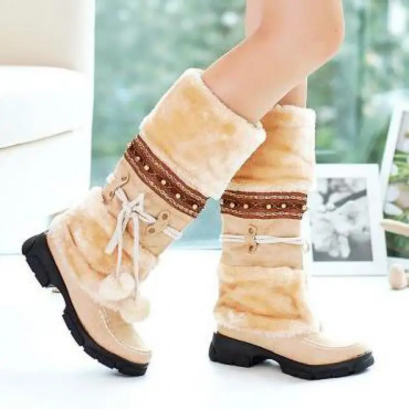 Comprar Hermosas botas de media pantorrilla de invierno cálidos zapatos de felpa con borla para Mujer botas de nieve con flecos para señoras Creepers bloque tacones Mujer