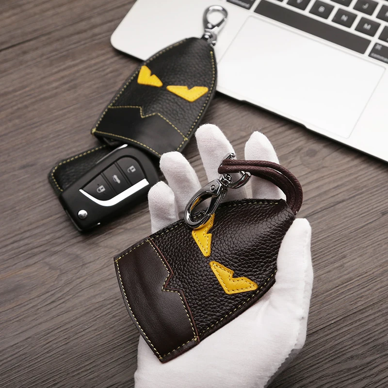 

Luxury Real Leather Auto Key Bag Metal Key Ring Car Key Holder Leather Cowhide Monster Keychain Bag Charm Pendant Accessories