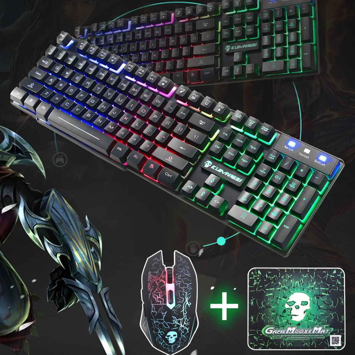 

T6 LED Colorful Rainbow Backlight USB Ergonomic Wired Gaming Keyboard + 2400DPI Mouse + Mouse Pad Set for PC Computer Gamer