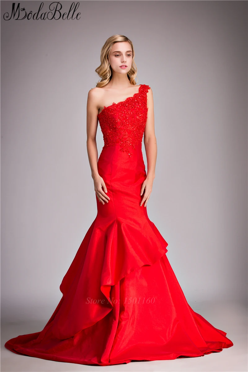 One shoulder red lace long modest graduation dresses mermaid taffeta
