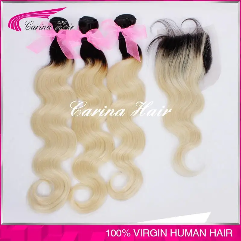 

Top Grade Malaysian Body Wave Color Two Tone 1B 613 3 Bundles with Blonde Lace Closure Ombre Human hair Extensions Free Shipping