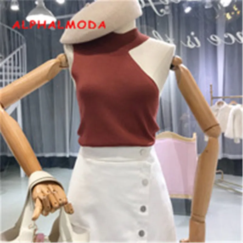 Женский асимметричный топ ALPHALMODA вязаный облегающий без рукавов со стоячим