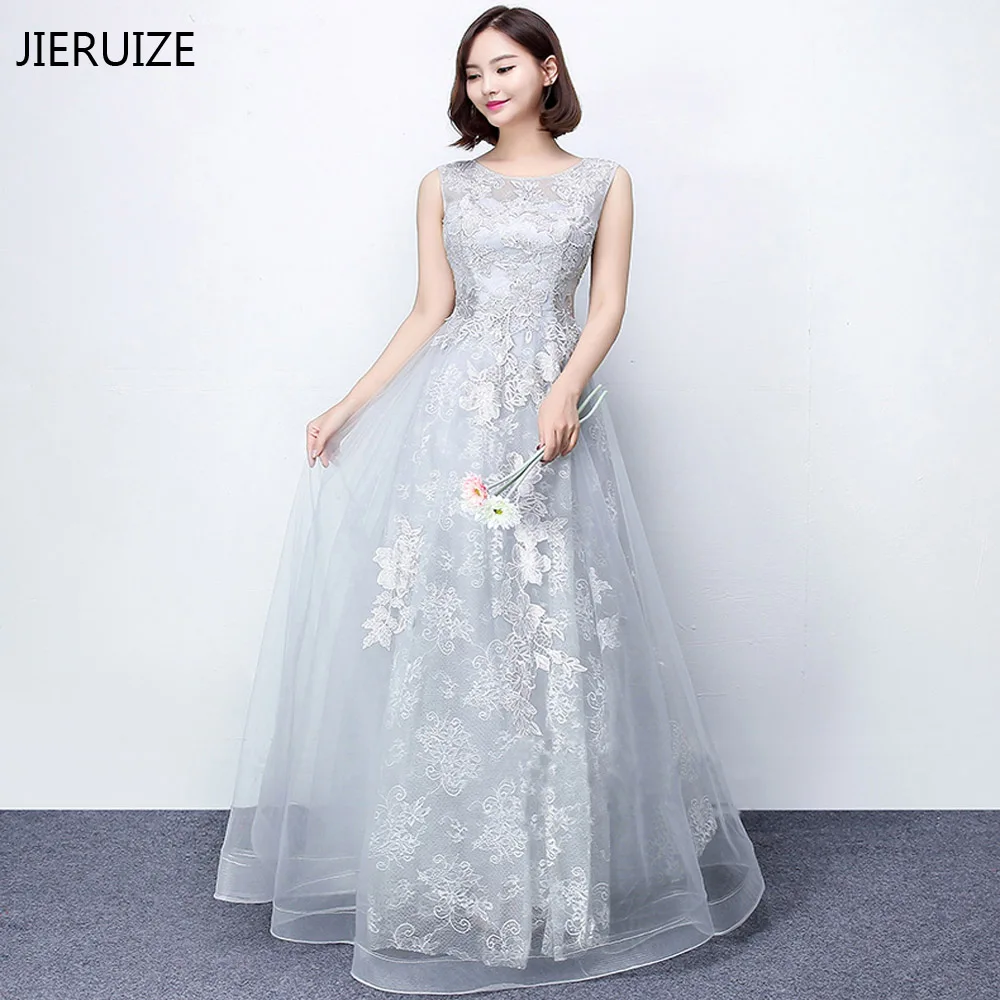 JIERUIZE Silver Lace Cheap Evening Dresses Long 2017 A line Lace Up