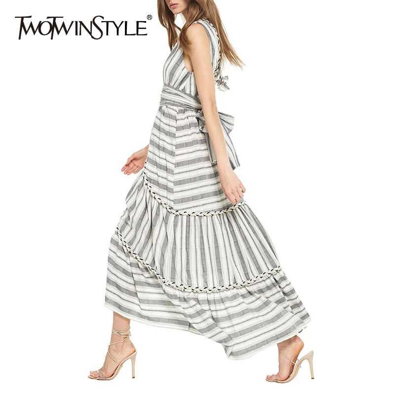 

TWOTWINSTYLE Vintage Striped Dress For Women V Neck Sleeveless High Waist Bowknot Lace Up Backless Dresses Female 2019 Summer