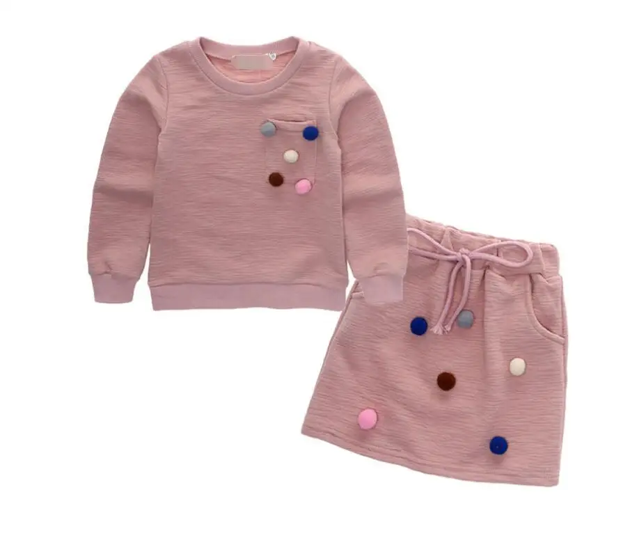 

2018 Brand New Fashion Toddler Baby Girls Clothes Sets 2PCS Long Sleeve Solid With Balls Sweatshirts Tops +Mini Skirts Sets 1-6Y