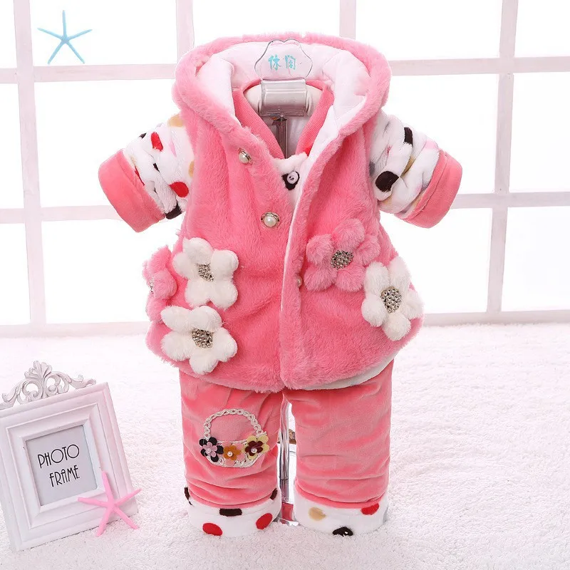 

3Pcs Baby Girls Cotton-padded Outfits Sets Cute Floral Tops Vest Jacket+Pullover+Long Pants Super Soft Winter Warm Kids Clothes