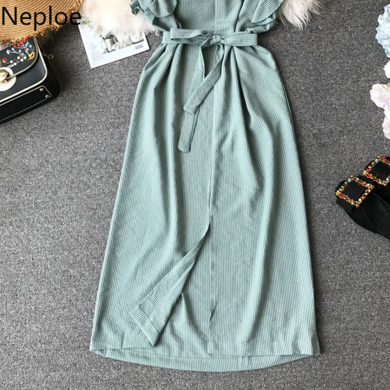 Neploe Korean Summer Irregular Slim Fit Girls Dresses Solid Lace Up Empire Vestidos Elegant Temperament Party cotton Dress 45598