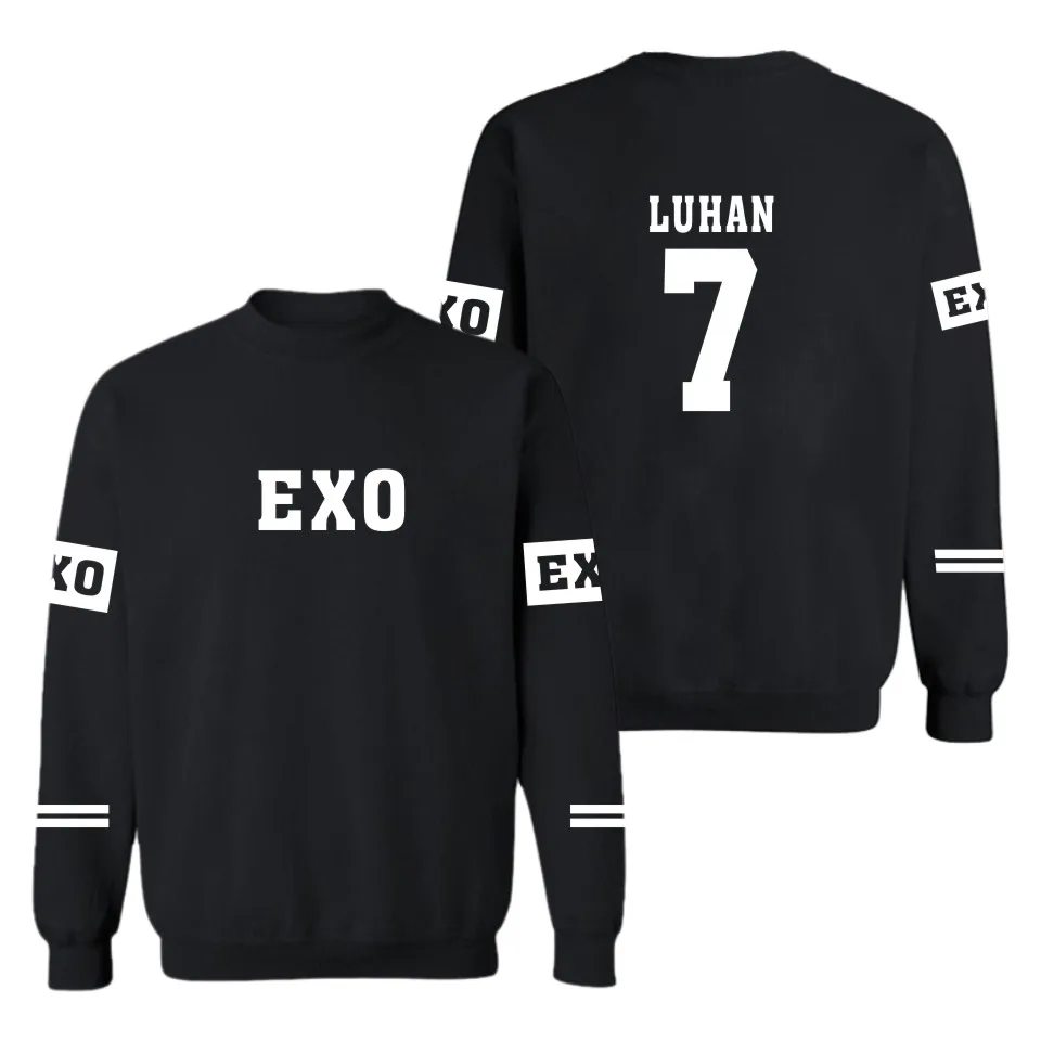 Kpop EXO принтованная Женская/мужская кофта с капюшоном Толстовка Suho Sehun черная Осенняя верхняя одежда для фанатов Толстовка без шапочки размера плюс - Цвет: Black