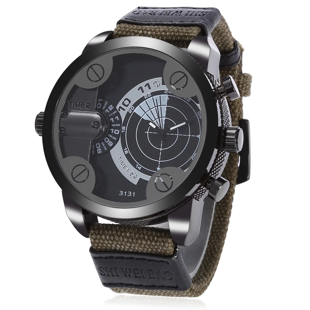 Mens Watches Dual Time Zone Quartz Watch Canvas Strap Big Face Army