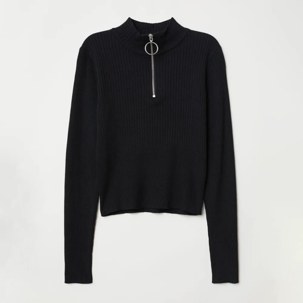 

Zip Funnel Neck Sweater Rib Kitted Long Sleeve Cotton Cropped Sweaters Pullover For Women
