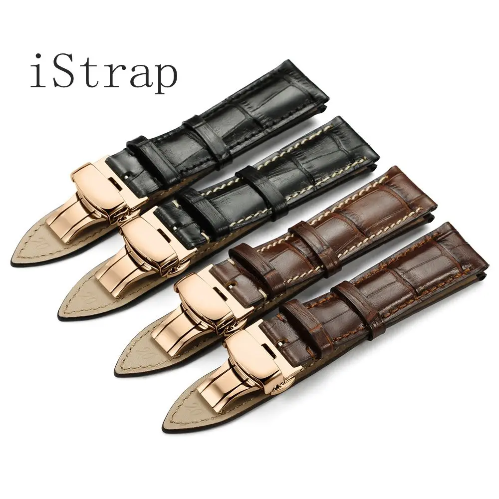 iStrap Black Brown Italian Calf Leather Watch Band Soft Hand Stitched S S Butterfly Clasp Bracelet