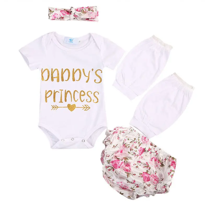 

Infant Baby Girls Princess Daddy Bodysuits Children Clothing Summer Short Sleeve Tops Shorts Legging Outfits Headband 4Pcs