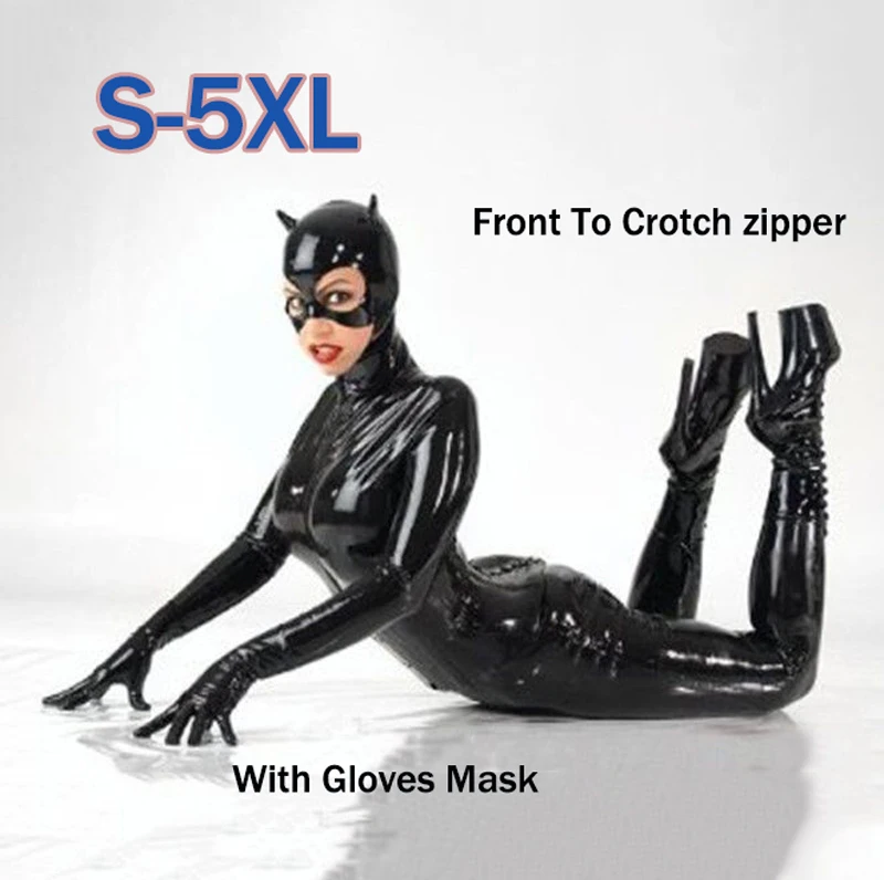 

Sexy Hot Female Faux Leather Latex Bodysuit Catwoman Costume Mask Gloves Wetlook Bondage Catsuit Flexible Jumpsuit Clubwear