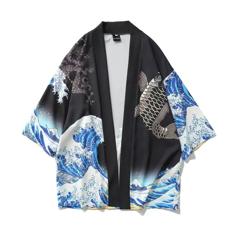 Zongke Japanese Kimono Cardigan Men Wave and Carp Print Long Kimono Cardigan Men Thin Mens Kimono Cardigan Jacket Coat 2018