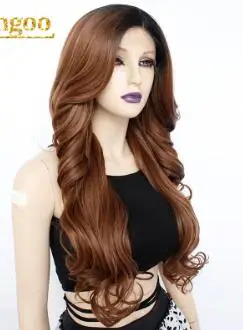 Ombre Brown Ebingoo, черный, 613 блонд, синтетический парик на кружеве, длинный, объемный, волнистый, Futura, парик из волокна с боковой частью, жаростойкий, 26 дюймов - Цвет: Ombre Brown