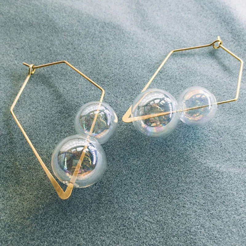 Женские серьги-кольца в виде пузырьков, ручная работа, винтажные, уникальные, цветные, стеклянные, круглые серьги, прозрачные корейские серьги - Окраска металла: clear