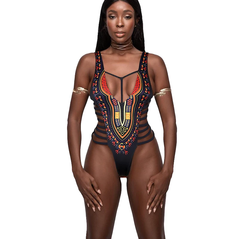 High Cut Out African Print Bikini Thong One Piece Swimwear Female 1 Piece Swimsuit Women Swim