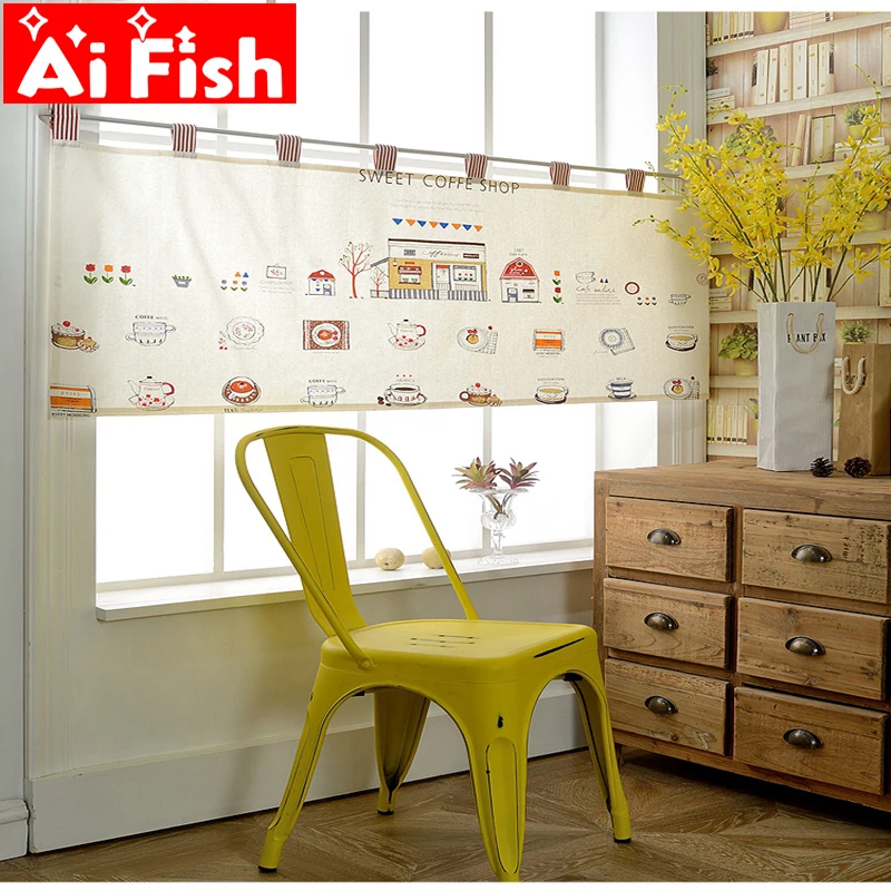 

Window Treatment Kitchen Cotton Cartoon Curtain Fluid Coffee Semi-shade Kitchen Curation For Bookcase Short Curtain Yarn A24