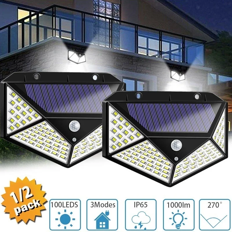 

New 100LED Solar Lights Outdoor Wall Lamps Motion sensor Night Security 3 Lighting Modes Waterproof Energy saving for Garden