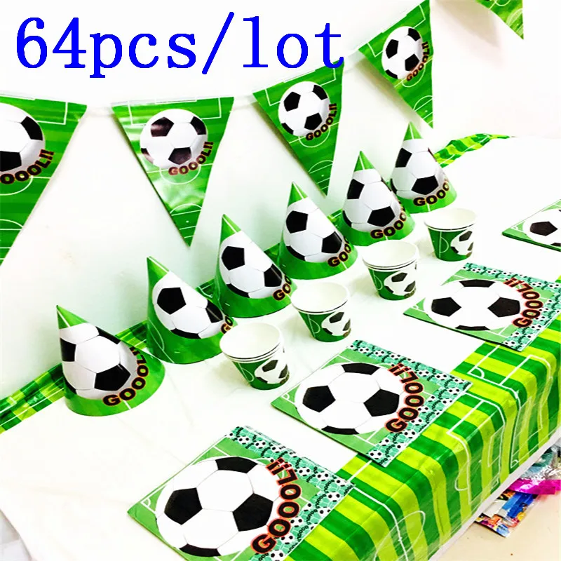 

64Pcs Green Football Theme Design Cup Plate Napkin Kid Birthday Party Toy Noise Maker Family Party Banner Decoration Supply