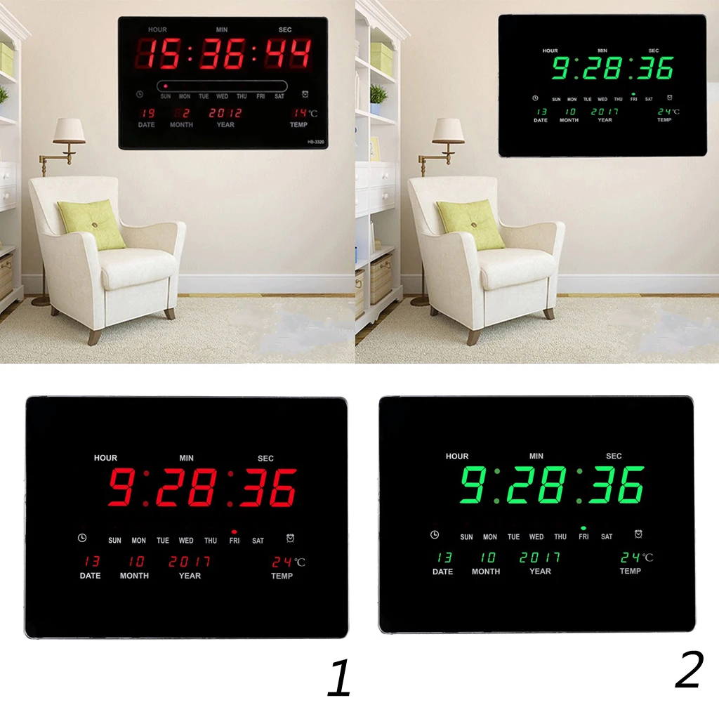 Home Office LED Clock With Indoor Temperature Reader Date Calendar Day Kitchen Livingroom Wall Mounted Large Screen Wall Clock