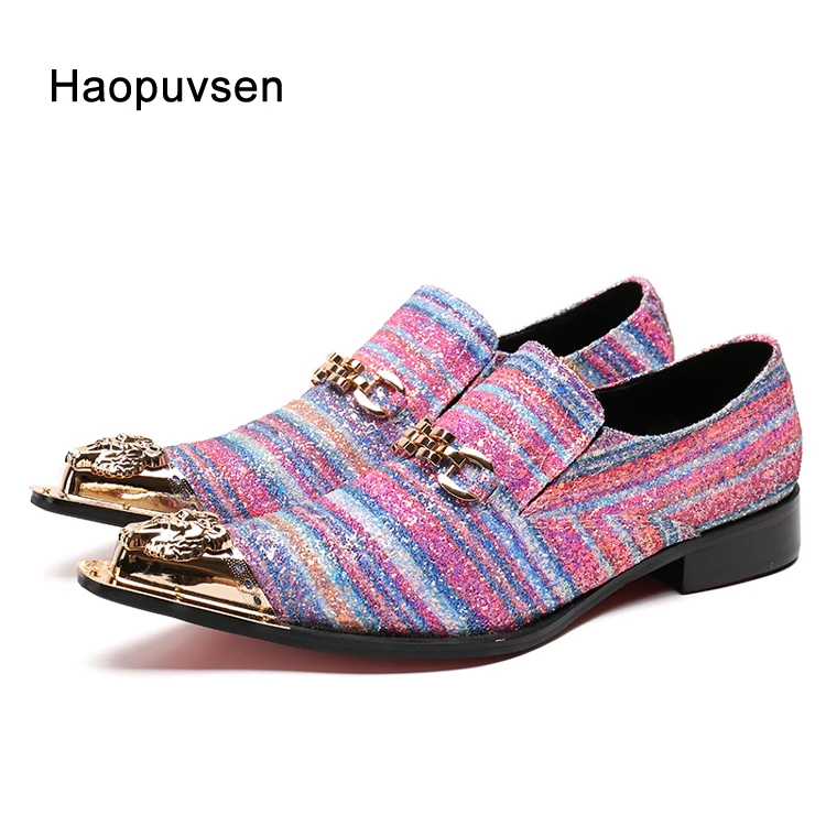 

2018 Handmade Pointed Toe Gold Metal new Leather Men Dress Shoes Evening Party Wedding Shoes Hairdress Sexy Chain Shoes size 45