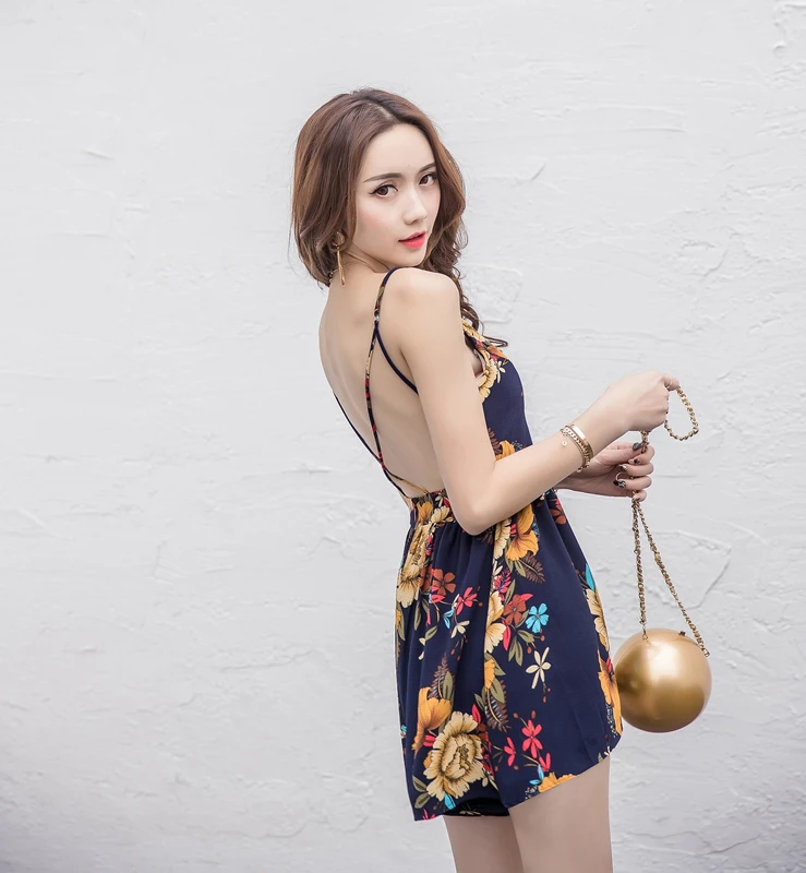 NiceMix Beach Swing Sundress Backless Floral Print Summer Spaghetti Strap Rompers for Women Sexy Party A-line Robe Strand Jurkje