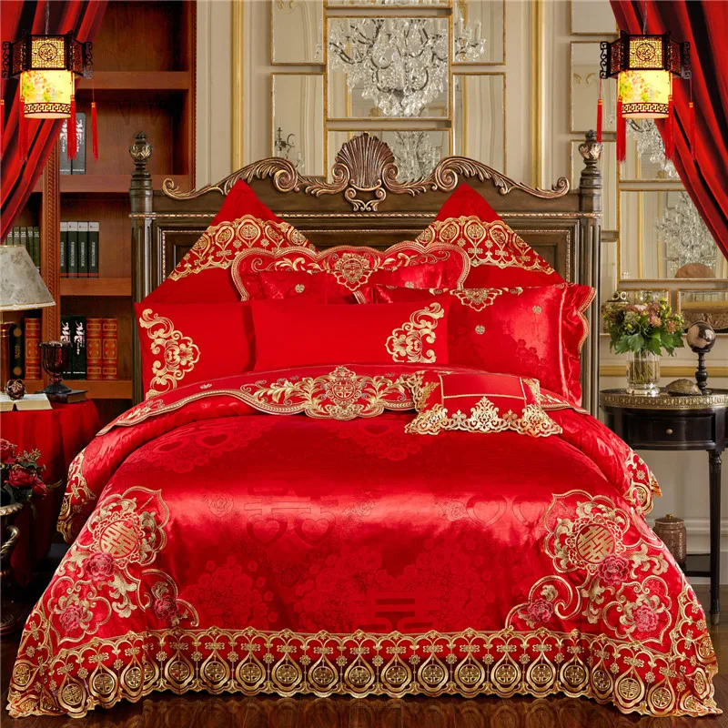 4/6/9Pcs Luxury Chinese wedding Bedding Set gold Embroidery Bed Set