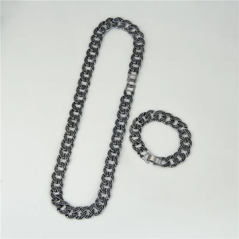 Bling, 16 мм, ожерелье с кубинской цепочкой, набор, льдом, кубинское ожерелье, мужские стразы, колье, хип-хоп ювелирное изделие, подарок - Окраска металла: Black Set